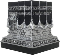 Resin Kaba Replica Decor - 4.6 Inch Golden Black Islamic Prayer House Model with Arabic Script & Rhinestones, Eid Ramadan Gift, Muslim Home Office Desk Decoration (4.17X4.17 in Base) (Gold)