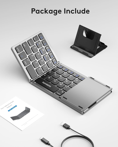Foldable Bluetooth Keyboard with Touchpad, Portable Wireless Keyboard with Stand Holder, Rechargeable Full Size Ultra Slim Pocket Folding Keyboards for Android Windows IOS Tablet & Laptop-Gray