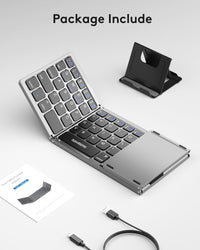Foldable Bluetooth Keyboard with Touchpad, Portable Wireless Keyboard with Stand Holder, Rechargeable Full Size Ultra Slim Pocket Folding Keyboards for Android Windows IOS Tablet & Laptop-Gray