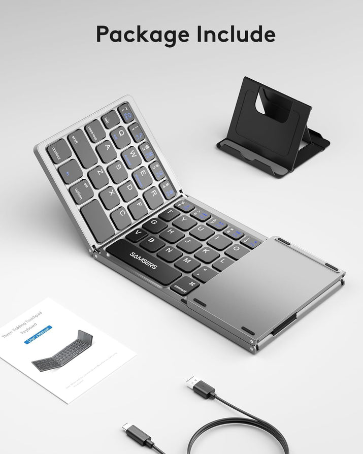 Foldable Bluetooth Keyboard with Touchpad, Portable Wireless Keyboard with Stand Holder, Rechargeable Full Size Ultra Slim Pocket Folding Keyboards for Android Windows IOS Tablet & Laptop-Gray