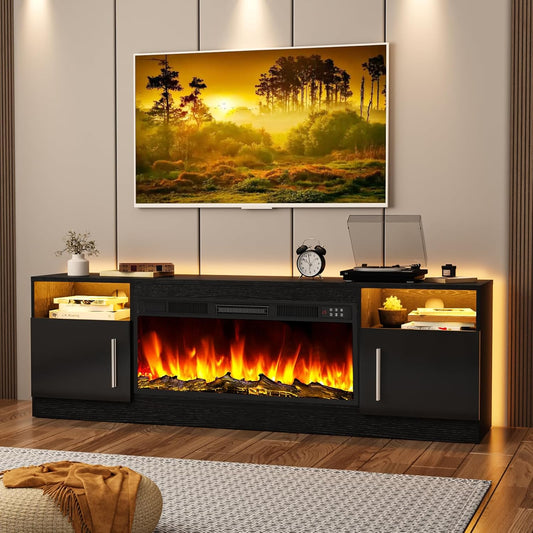 Fireplace TV Stand Entertainment Center with 36" Fireplace, 70" Wooden TV Stand for Tvs up to 80", Media TV Console with High Gloss Storage Cabinet and 16 Colors LED Lights (Black)