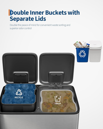 2 X 10.6 Gal Stainless Steel Double Trash Can with Lid for Kitchen, Large Dual Trash and Recycle Bin Combo, Step-On Kitchen Metal Garbage Cans, PP Inner Buckets, Liner Rim, Silver