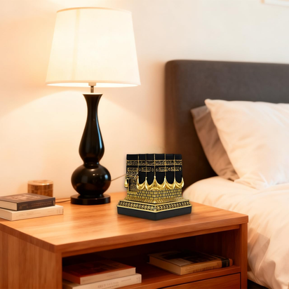 Resin Kaba Replica Decor - 4.6 Inch Golden Black Islamic Prayer House Model with Arabic Script & Rhinestones, Eid Ramadan Gift, Muslim Home Office Desk Decoration (4.17X4.17 in Base) (Gold)