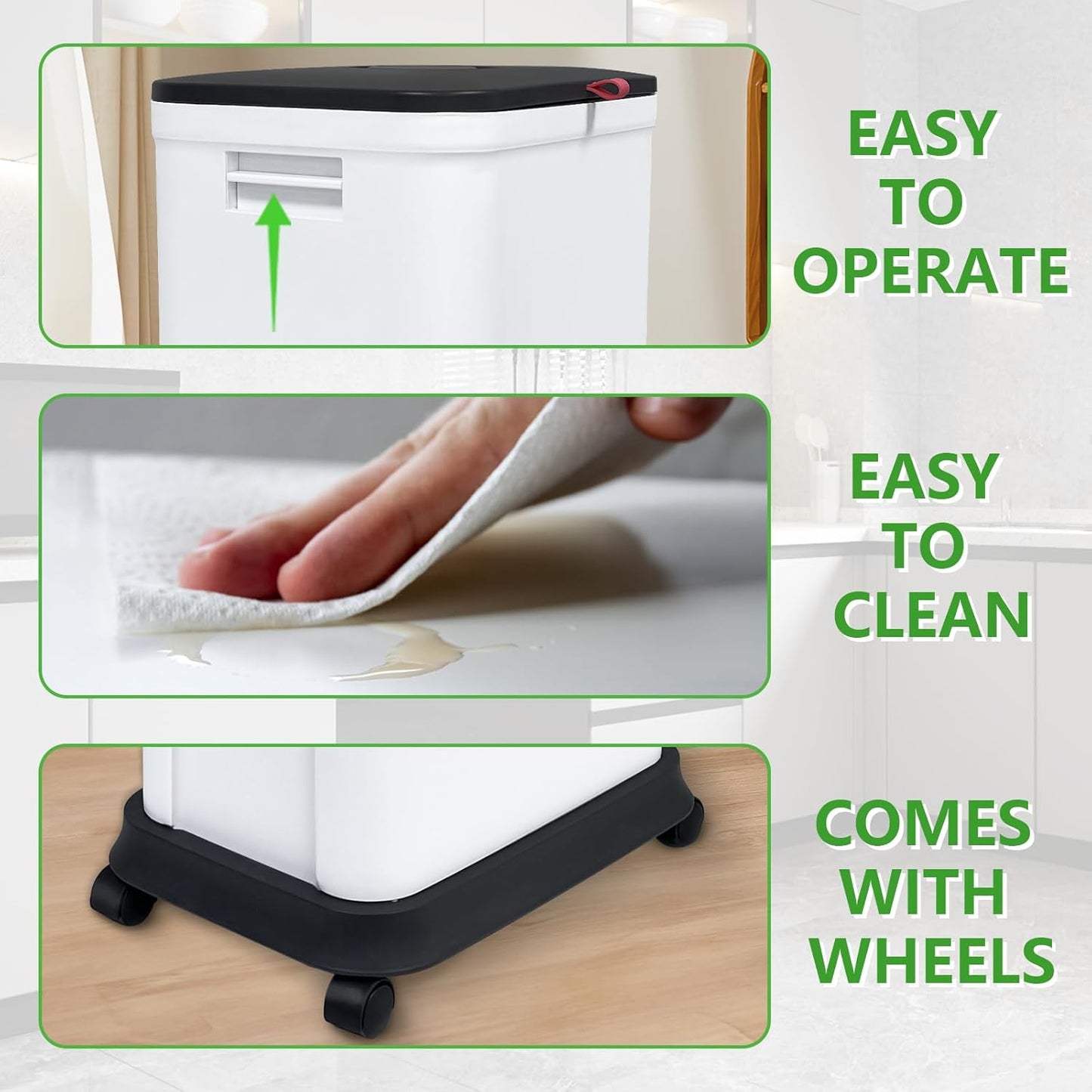 13 Gallon Trash Can with Lid, 25-45 L Altitude Variable Bin, Garbage Can with Wheels for Kitchen, Bathroom, Bedroom, Office, Two Space-Saving Small Waste Bin and Garbage Bag