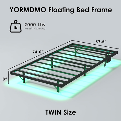 Floating Bed Frame Twin Size, Heavy Duty Bedframe with Smart LED Lights & Charging Station, Modern Metal Platform Bed, Easy Assembly No Box Spring Needed, 8 Inch
