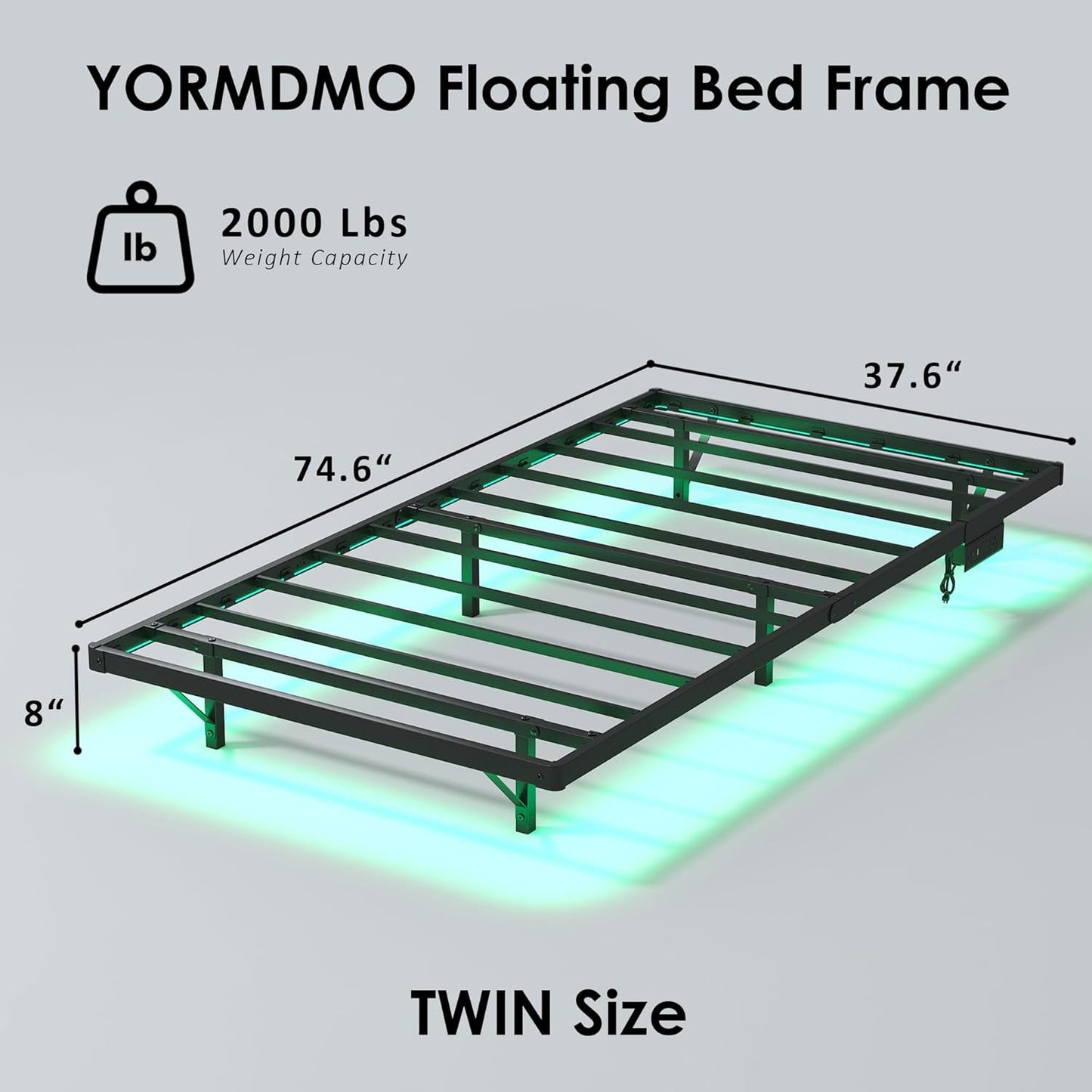 Floating Bed Frame Twin Size, Heavy Duty Bedframe with Smart LED Lights & Charging Station, Modern Metal Platform Bed, Easy Assembly No Box Spring Needed, 8 Inch