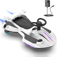 12V Electric Wiggle Car with Pedal for Kids, Rechargeable 2 in 1 Swing Car, Drifting Ride on Toys with Backrest, Anti-Rollover, Spray, Flashing Light, Music, for Ages 3 and Up, 150 Lbs (White)