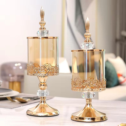 European Crystal Glass Storage Jar with Lid Rose Candy Jar Gold-Plated Storage Decorative Ornaments Art Homedecoration,L