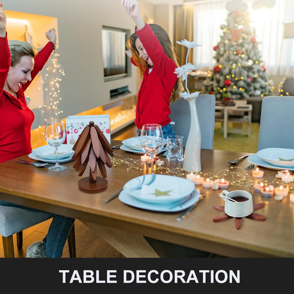 Wooden Trivet Tree Set for Hot Dishes, 100% Natural Wood, Expandable Design Coaster, Foldable Tree-Sharped Placemats with 4Pcs(Walnut Color)