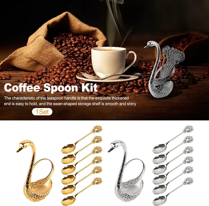 4.8 in Coffee Spoon Set with Holder, Swan Spoon and Fork Holder, Gold Durable Spoons Coffee Station Storage Organizer for Home Kitchen Christmas Universal Gift(Gold)