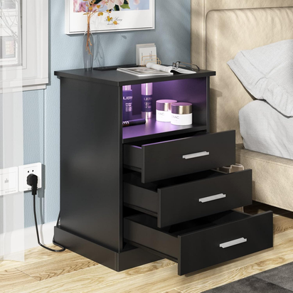 Black LED Nightstand with Charging Station, Side Table with 3 Drawers and Light, End Table with Open Storage, beside Cabinet for Bedroom (Black)