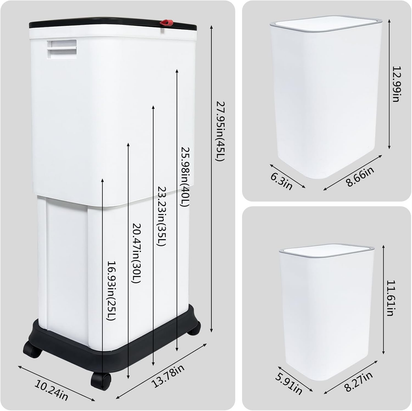 13 Gallon Trash Can with Lid, 25-45 L Altitude Variable Bin, Garbage Can with Wheels for Kitchen, Bathroom, Bedroom, Office, Two Space-Saving Small Waste Bin and Garbage Bag