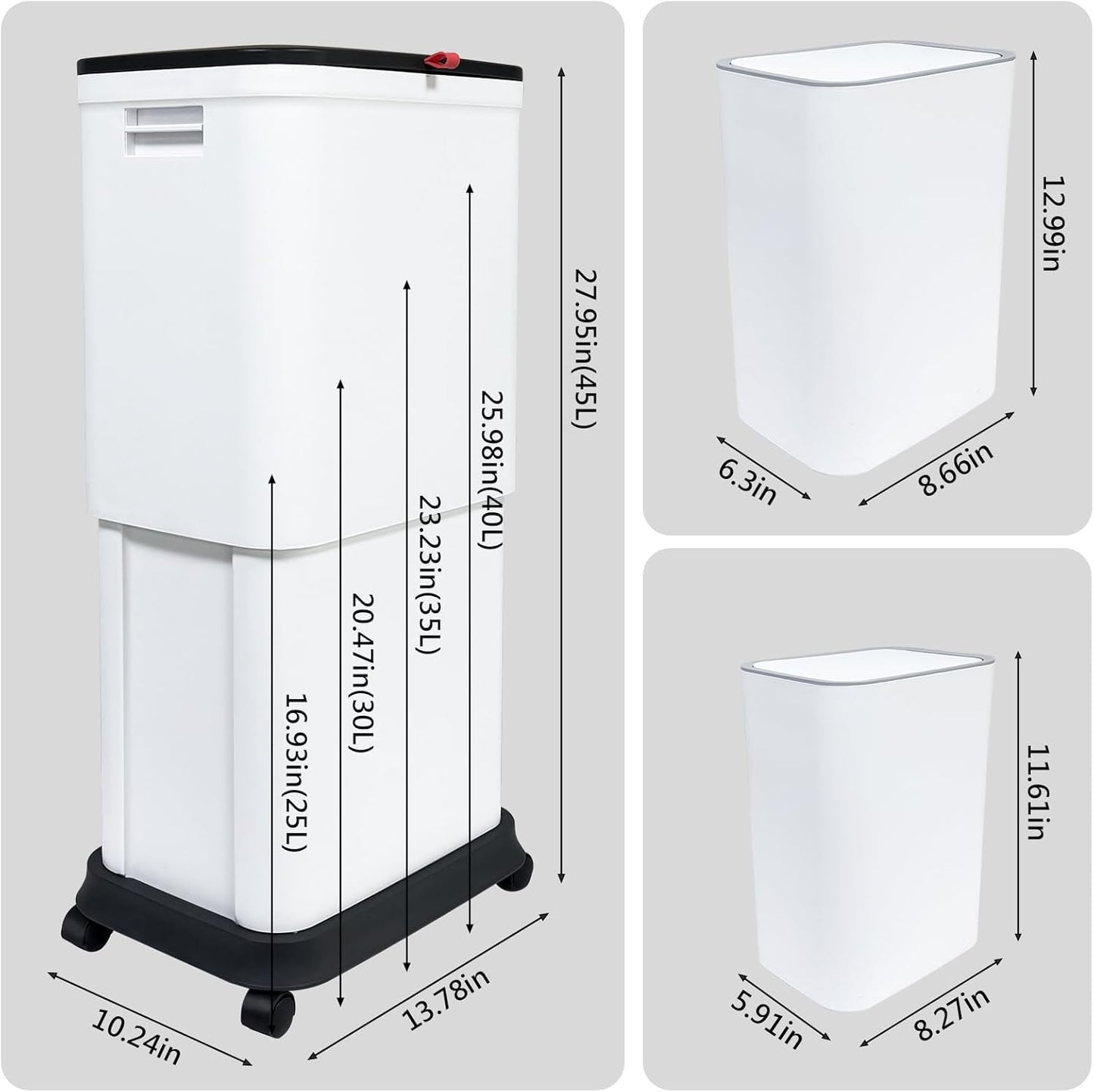 13 Gallon Trash Can with Lid, 25-45 L Altitude Variable Bin, Garbage Can with Wheels for Kitchen, Bathroom, Bedroom, Office, Two Space-Saving Small Waste Bin and Garbage Bag