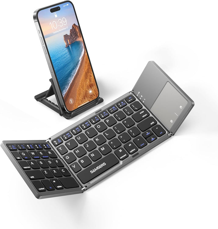 Foldable Bluetooth Keyboard with Touchpad, Portable Wireless Keyboard with Stand Holder, Rechargeable Full Size Ultra Slim Pocket Folding Keyboards for Android Windows IOS Tablet & Laptop-Gray