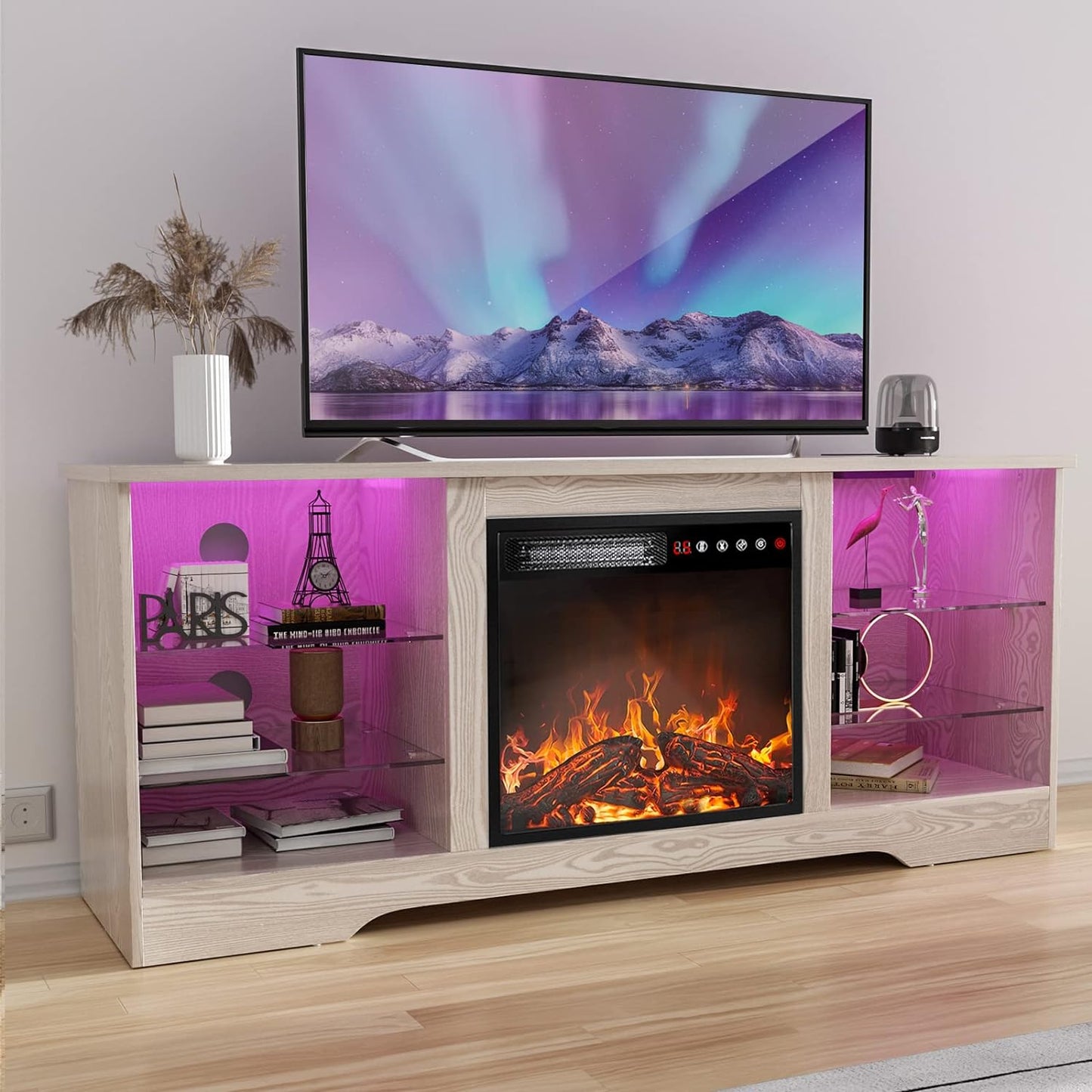 Fireplace TV Stand Entertainment Center with 36" Fireplace, 70" Wooden TV Stand for Tvs up to 80", Media TV Console with High Gloss Storage Cabinet and 16 Colors LED Lights (Black)