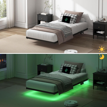 Floating Bed Frame Twin Size, Heavy Duty Bedframe with Smart LED Lights & Charging Station, Modern Metal Platform Bed, Easy Assembly No Box Spring Needed, 8 Inch