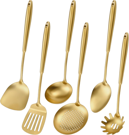 304 Stainlss Steel Matte Kitchen Utensils Set, 12 Pcs Long Metal Cooking Utensil Gadgets Tools Set with Spatula, Ladle, Spoon, Ladle, Skimmer, Tunner, Pasta Server, Tongs(Gold, Dishwasher Safe)