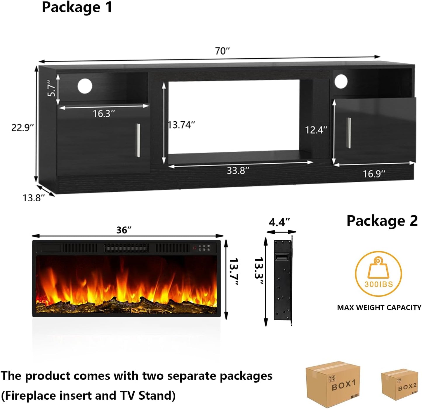 Fireplace TV Stand Entertainment Center with 36" Fireplace, 70" Wooden TV Stand for Tvs up to 80", Media TV Console with High Gloss Storage Cabinet and 16 Colors LED Lights (Black)