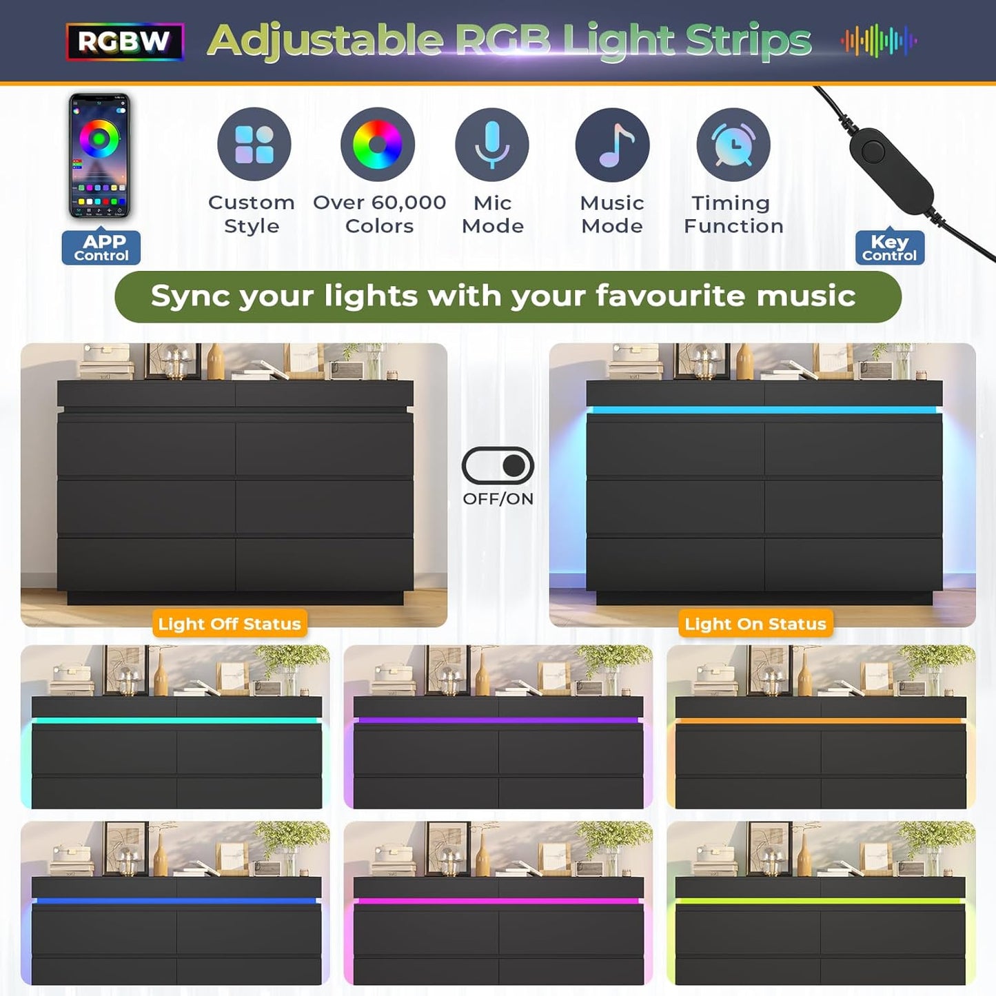 Modern 6 Drawer Dresser with Sliding Desktop, Wide Chest of Drawers with Charging Station & LED Lights, Large Storage Tower Clothes Organizer, Black Dresser for Bedroom