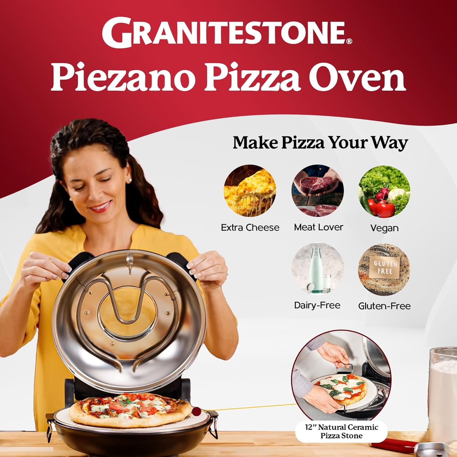 Crispy Crust Pizza Oven by  – 12 Inch Electric Pizza Oven Indoor Countertop Maker with Ceramic Stone Heats up to 800˚F for Stone Baked Pizzeria Style at Home as Seen on TV Products