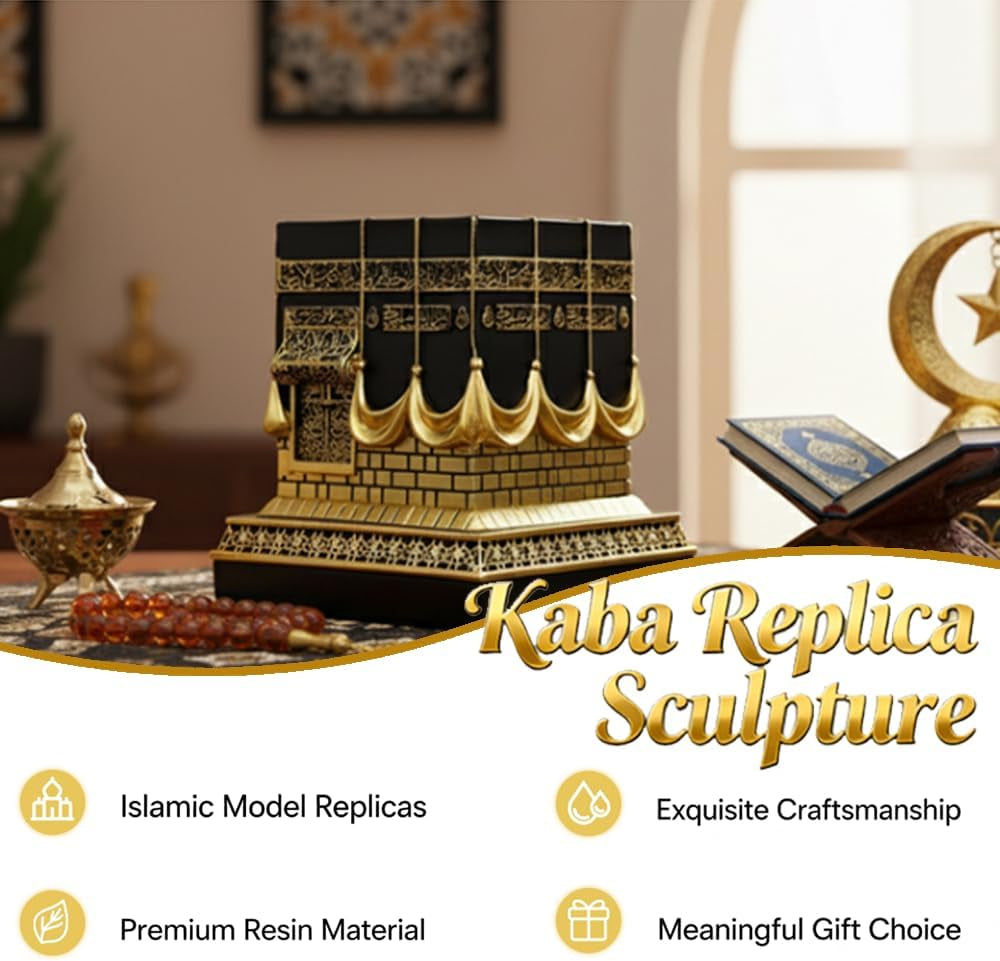 Resin Kaba Replica Decor - 4.6 Inch Golden Black Islamic Prayer House Model with Arabic Script & Rhinestones, Eid Ramadan Gift, Muslim Home Office Desk Decoration (4.17X4.17 in Base) (Gold)