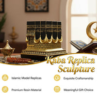 Resin Kaba Replica Decor - 4.6 Inch Golden Black Islamic Prayer House Model with Arabic Script & Rhinestones, Eid Ramadan Gift, Muslim Home Office Desk Decoration (4.17X4.17 in Base) (Gold)