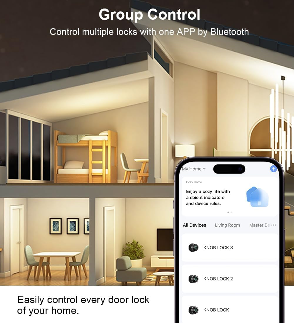 Fingerprint Door Lock, Smart Fingerprint Door Knob with Lock, Biometric Door Knob with App Control & Key, Keyless Thumbprint Entry Door Lock for Bedroom, Front Door, Home, Apartment Office-Matte Black