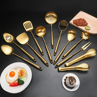 304 Stainlss Steel Matte Kitchen Utensils Set, 12 Pcs Long Metal Cooking Utensil Gadgets Tools Set with Spatula, Ladle, Spoon, Ladle, Skimmer, Tunner, Pasta Server, Tongs(Gold, Dishwasher Safe)