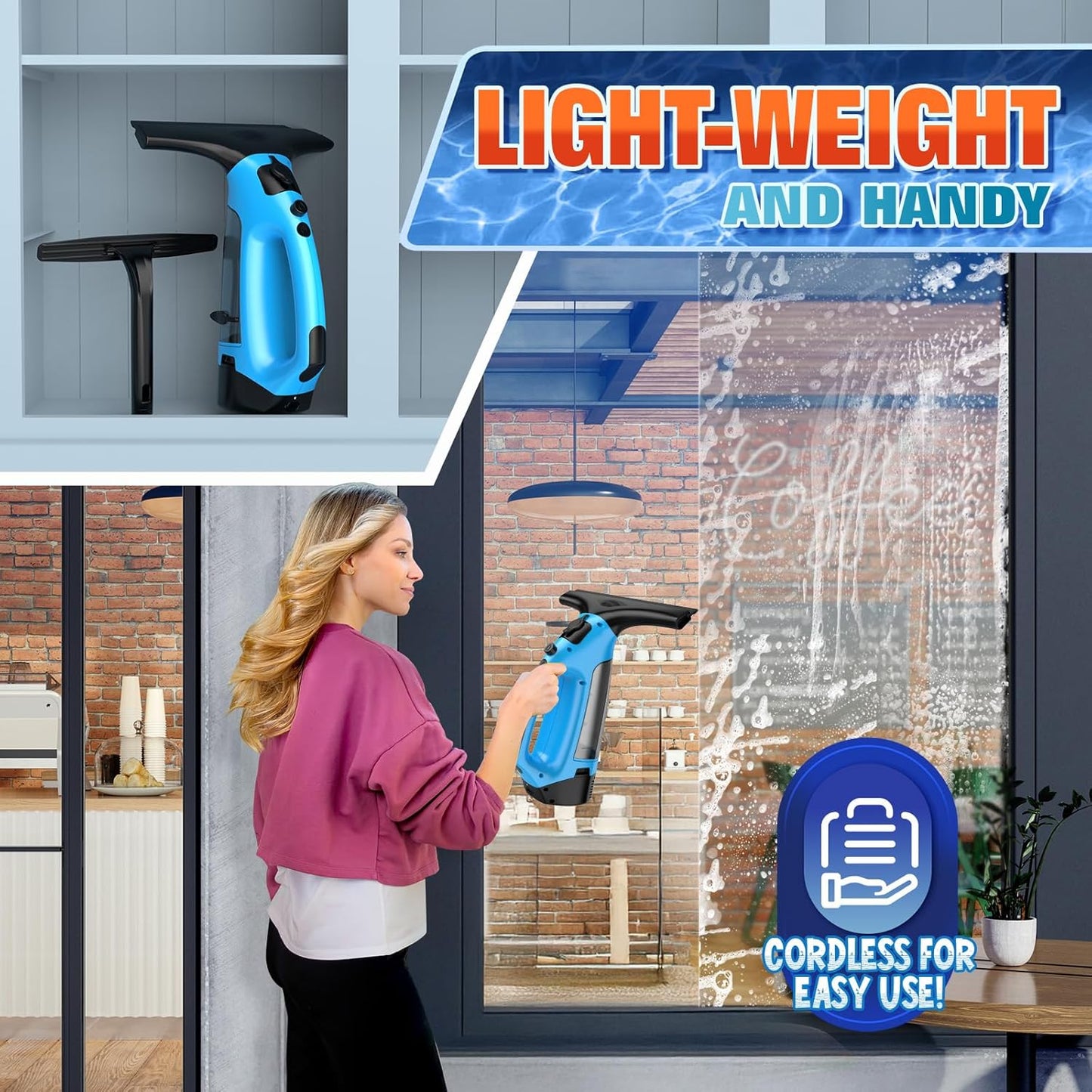 3 in 1 Rechargeable Window Vacuum Squeegee Cordless with 10 Inch Blade, Window Cleaner for Efficiently Spraying, Wiping and Vacuuming Windows, Mirrors, Shower Glass, Tiles and Countertops, Blue