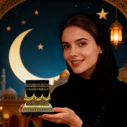 Resin Kaba Replica Decor - 4.6 Inch Golden Black Islamic Prayer House Model with Arabic Script & Rhinestones, Eid Ramadan Gift, Muslim Home Office Desk Decoration (4.17X4.17 in Base) (Gold)