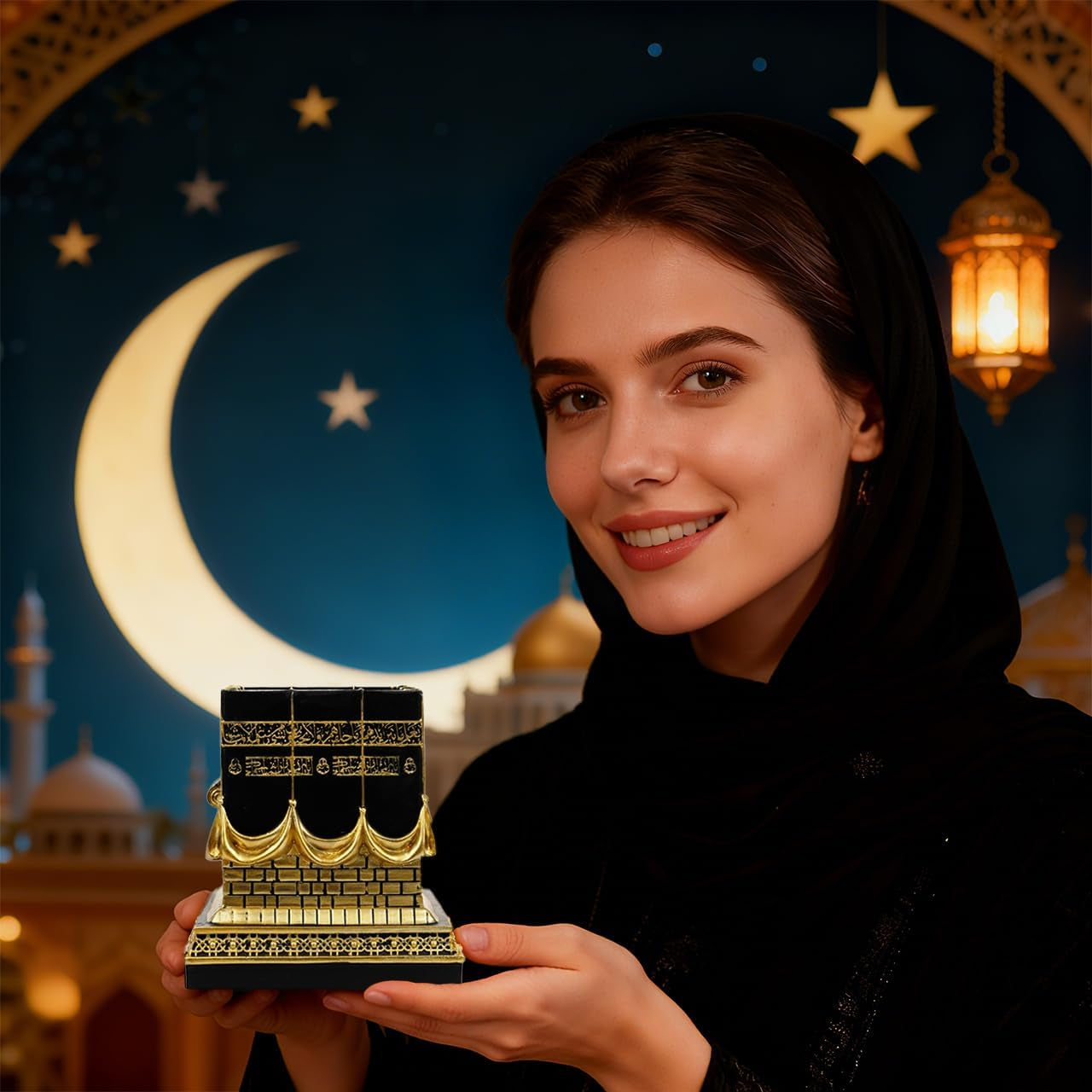 Resin Kaba Replica Decor - 4.6 Inch Golden Black Islamic Prayer House Model with Arabic Script & Rhinestones, Eid Ramadan Gift, Muslim Home Office Desk Decoration (4.17X4.17 in Base) (Gold)