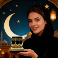 Resin Kaba Replica Decor - 4.6 Inch Golden Black Islamic Prayer House Model with Arabic Script & Rhinestones, Eid Ramadan Gift, Muslim Home Office Desk Decoration (4.17X4.17 in Base) (Gold)