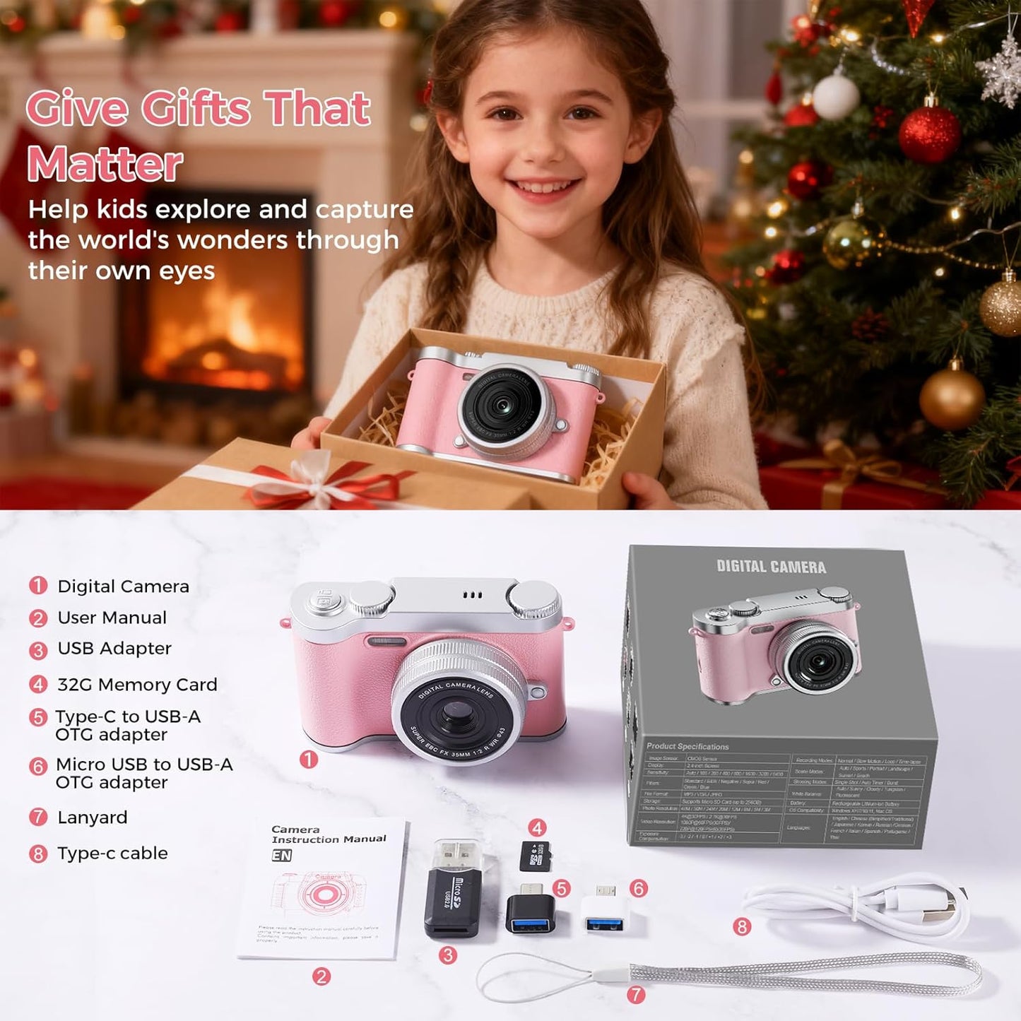 Upgrade Kids Selfie Camera, HD Digital Video Cameras for Toddler, Portable Toy for 3 4 5 6 7 8 Year Old Girl with 32GB SD Card-Pink