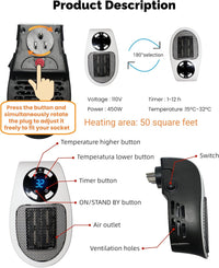 Top Heat Plug in Heater, 450W Portable Plug in Heater for Indoor Use, with Remote, Thermal Protection, LED, PTC Ceramic Fast Heat for Bedroom Bathroom Office