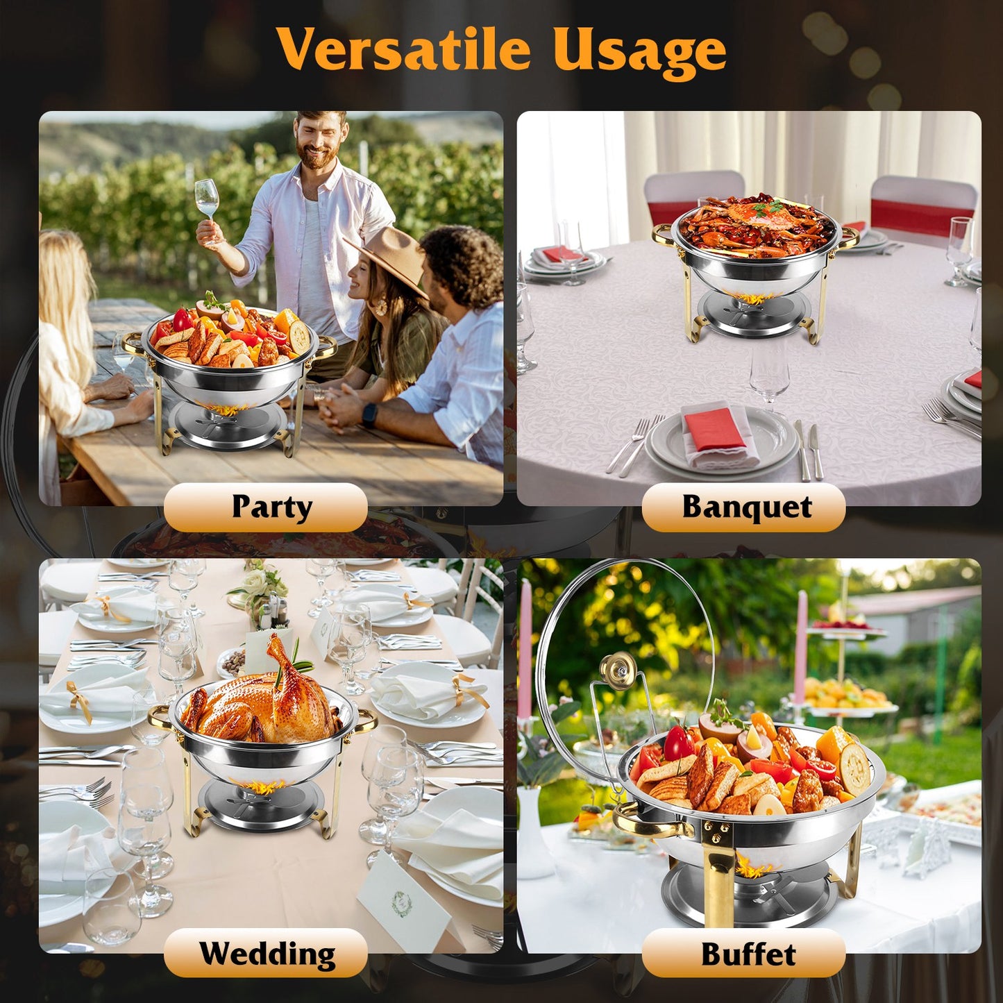 4Pcs Chafing Dish Buffet Set 4.76QT Round Buffet Servers Food Warmer Stainless Steel Catering Chafer With Glass Lid For Warming Cooling Gatherings Banquets Buffets Party Wedding