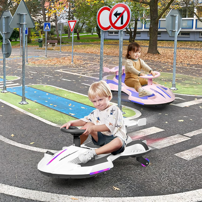 12V Electric Wiggle Car with Pedal for Kids, Rechargeable 2 in 1 Swing Car, Drifting Ride on Toys with Backrest, Anti-Rollover, Spray, Flashing Light, Music, for Ages 3 and Up, 150 Lbs (White)