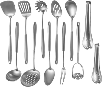 304 Stainlss Steel Matte Kitchen Utensils Set, 12 Pcs Long Metal Cooking Utensil Gadgets Tools Set with Spatula, Ladle, Spoon, Ladle, Skimmer, Tunner, Pasta Server, Tongs(Gold, Dishwasher Safe)