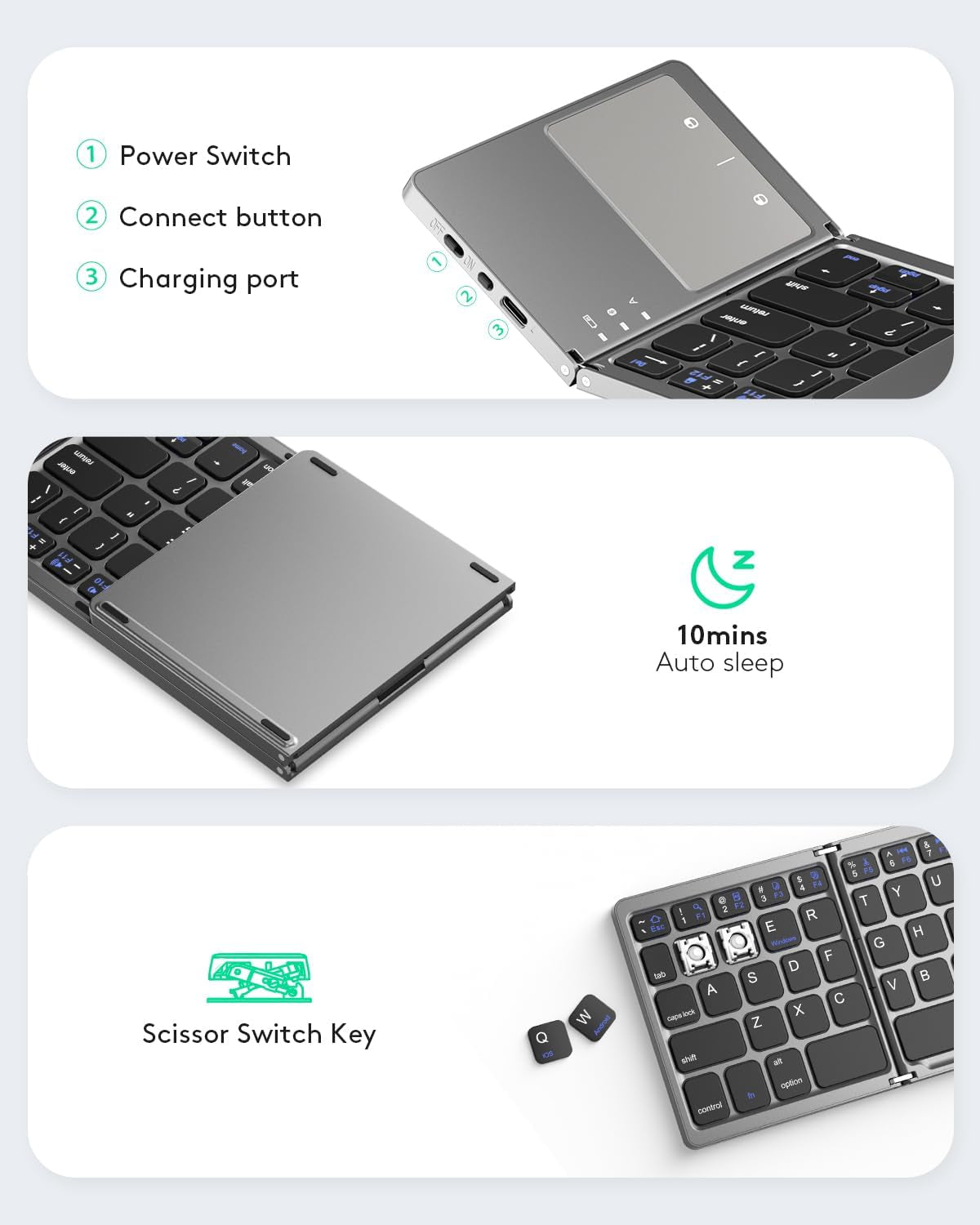 Foldable Bluetooth Keyboard with Touchpad, Portable Wireless Keyboard with Stand Holder, Rechargeable Full Size Ultra Slim Pocket Folding Keyboards for Android Windows IOS Tablet & Laptop-Gray