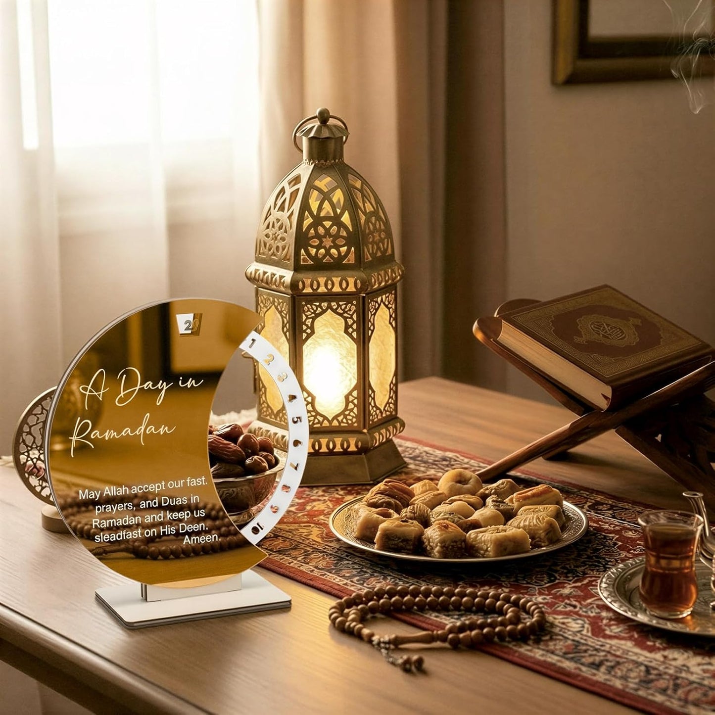 Ramadan Advent Calendar 2026 Eid Mubarak Countdown Calendar Acrylic round Ramadan Decorations for Home Table Decor Muslim Festival Reminder Islamic Party Supplies Decorations
